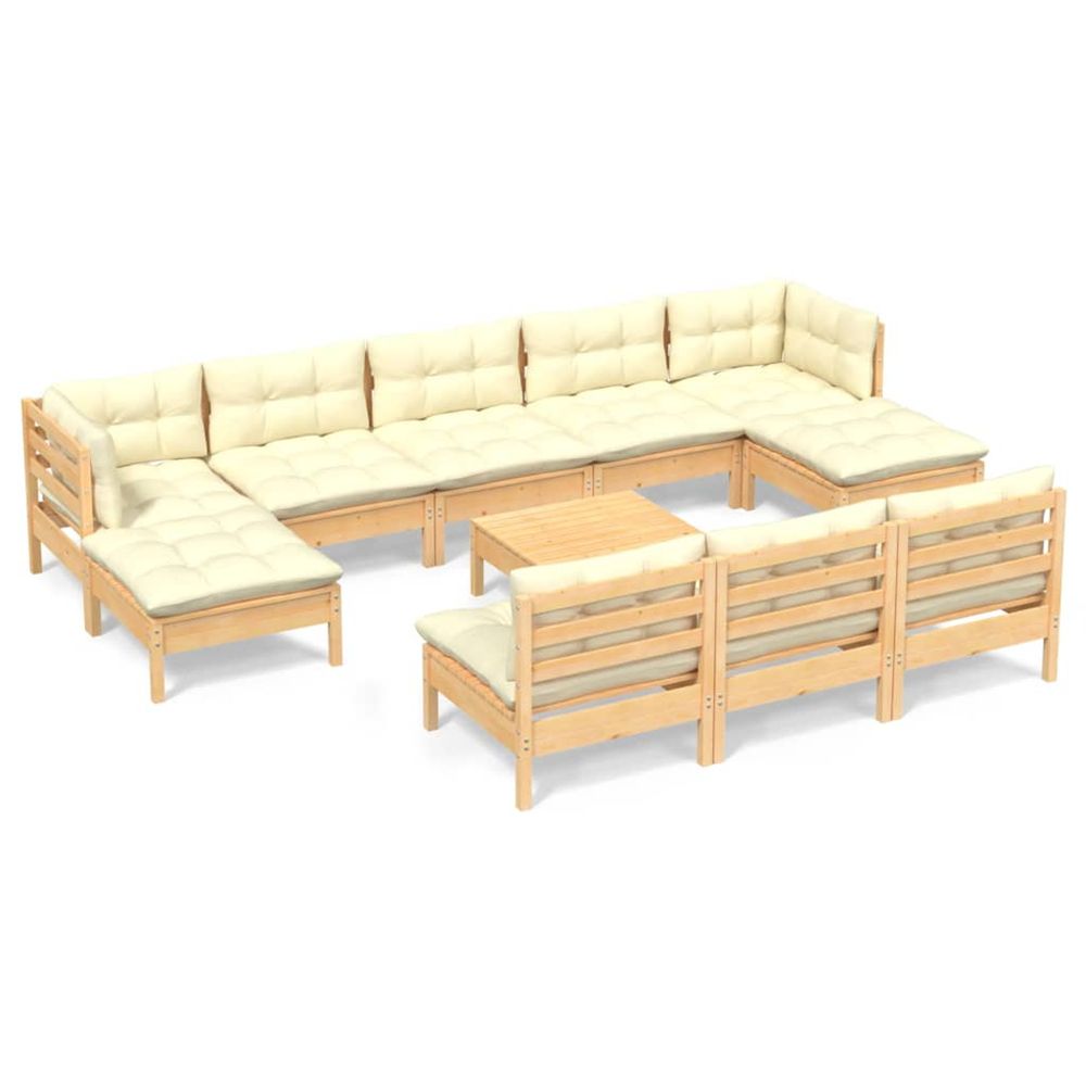 Salon de jardin 11 pcs avec coussins crème bois de pin