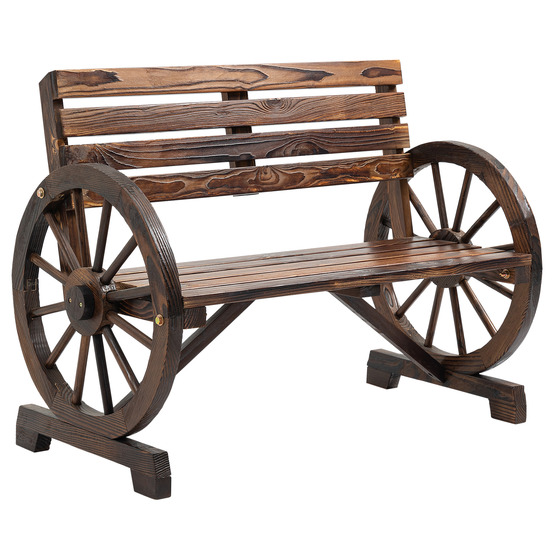 Banc de jardin 2 places en bois de sapin brun, avec accoudoirs en forme de roue de chariot