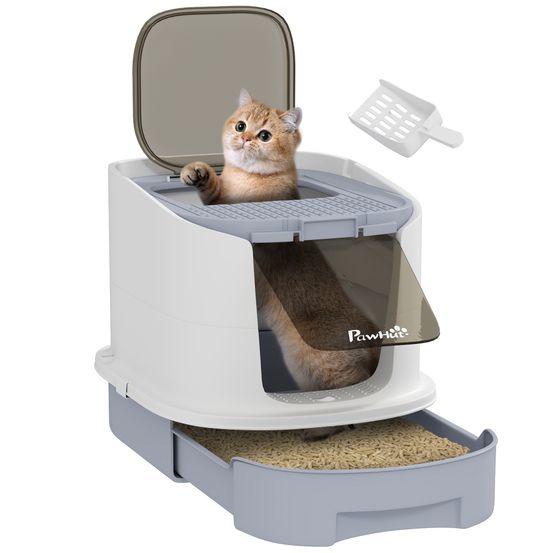 Maison de toilette plastique pour chats de 4,5kg accès par le haut et tiroir gris