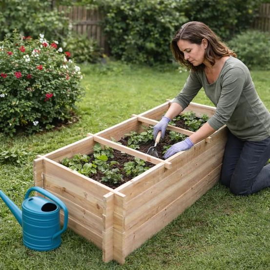 Carré potager rectangulaire en bois de sapin 140x40x60 cm avec géotextile