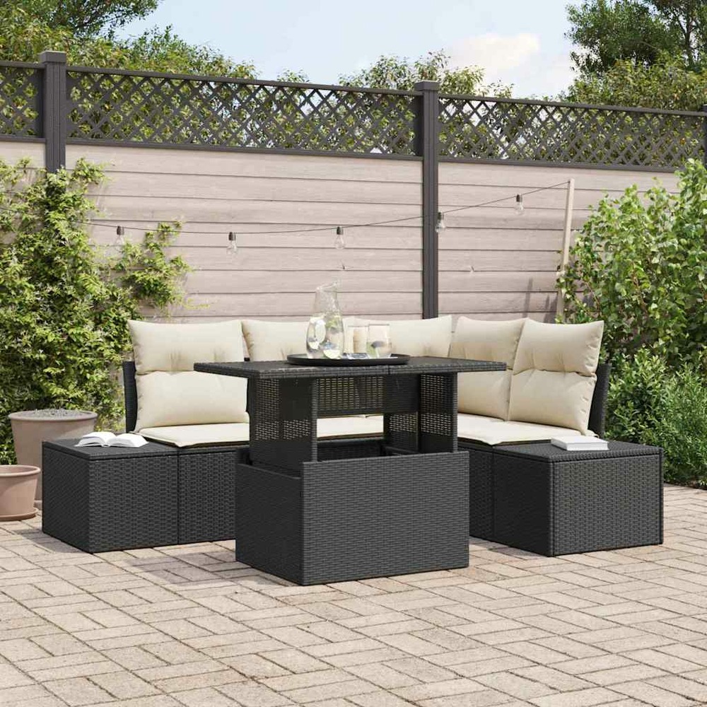 Ensemble de canapé de jardin avec coussin 5 pcs noir polyrotin