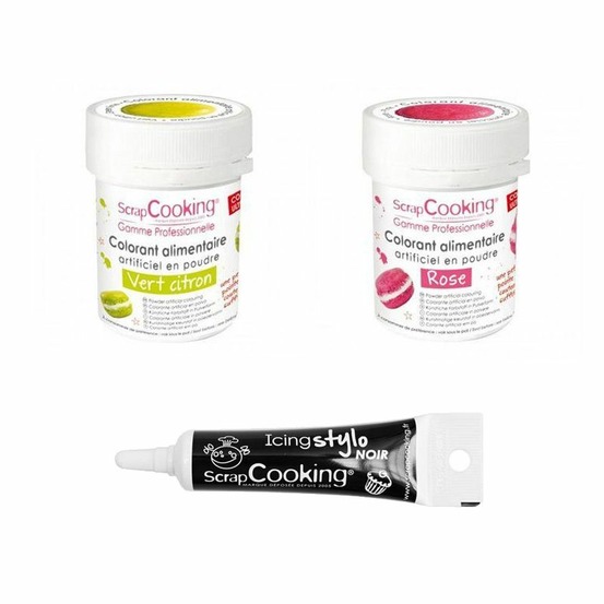2 colorants alimentaires rose-vert citron + stylo glaçage noir