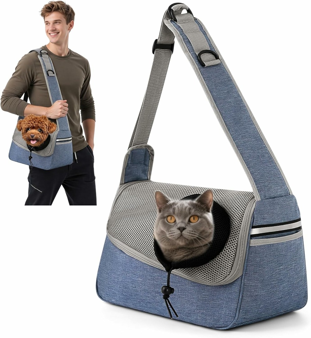 Sac de transport ajustable à bandoulière pour animaux gris bleu