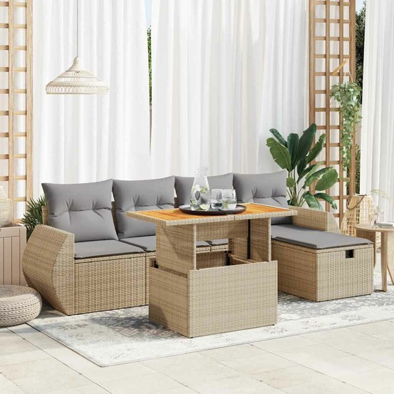 Salon de jardin 6 pcs avec coussins beige résine tressée acacia