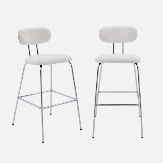 2 tabourets de bar décor bois courbé teinté chêne et tissu déperlant blanc, pieds métal chromé (lot de 2) - l 48 x p 54 x h 103cm -