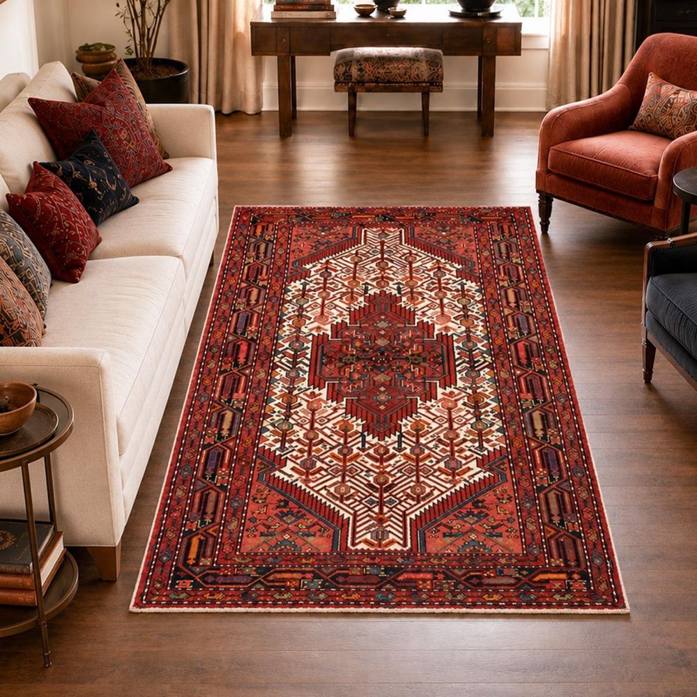 Tapis d'orient, 111 x 175 cm, rouge, bordeaux et crème, artisanal, hamadan 24