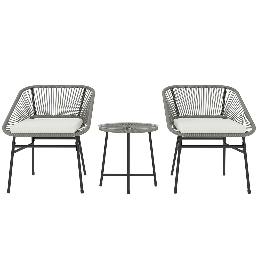 Salon jardin 2 pers polyrotin: 2 fauteuils + table appoint, coussins incl, résistant intempéries gris foncé