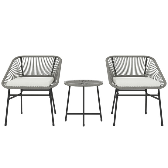 Salon jardin 2 pers polyrotin: 2 fauteuils + table appoint, coussins incl, résistant intempéries gris foncé