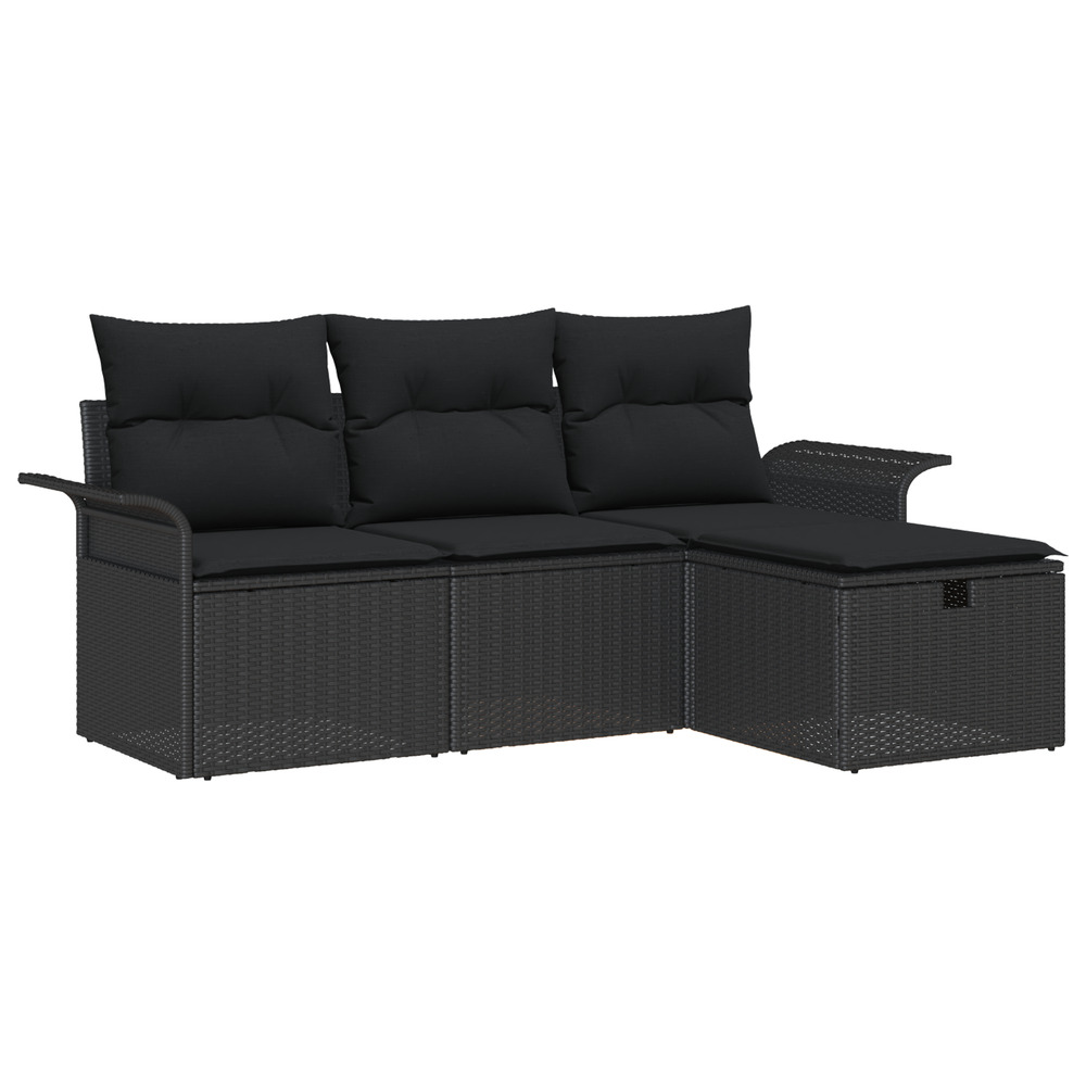 Ensemble de canapé de jardin 4 pièces avec coussins noir en poly rotin