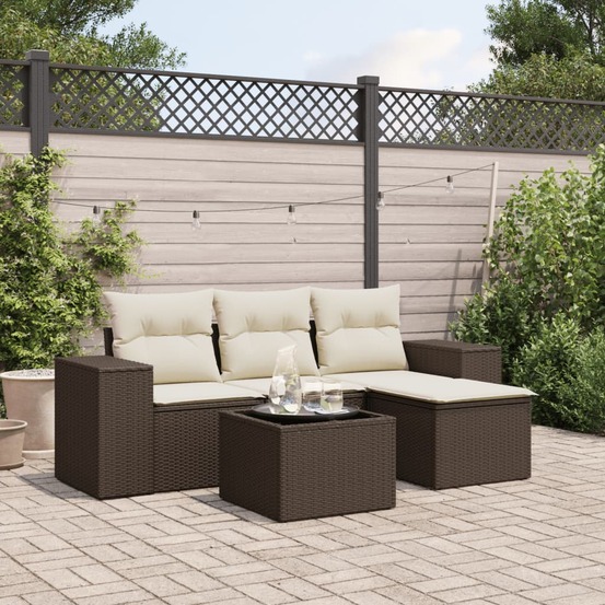Salon de jardin avec coussins 5 pcs marron résine tressée