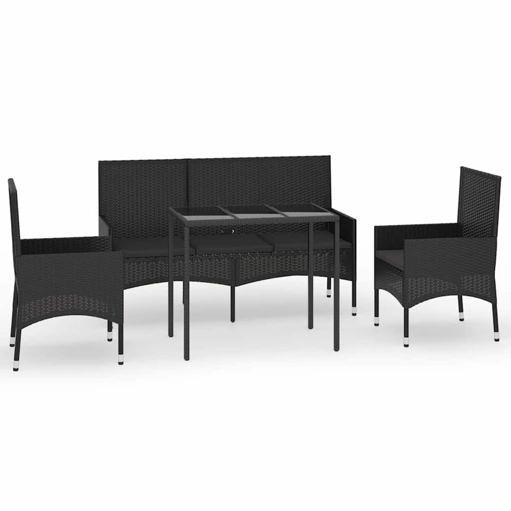 Salon de jardin 4 pcs avec coussins noir résine tressée