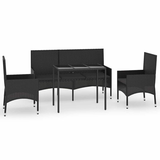 Salon de jardin 4 pcs avec coussins noir résine tressée