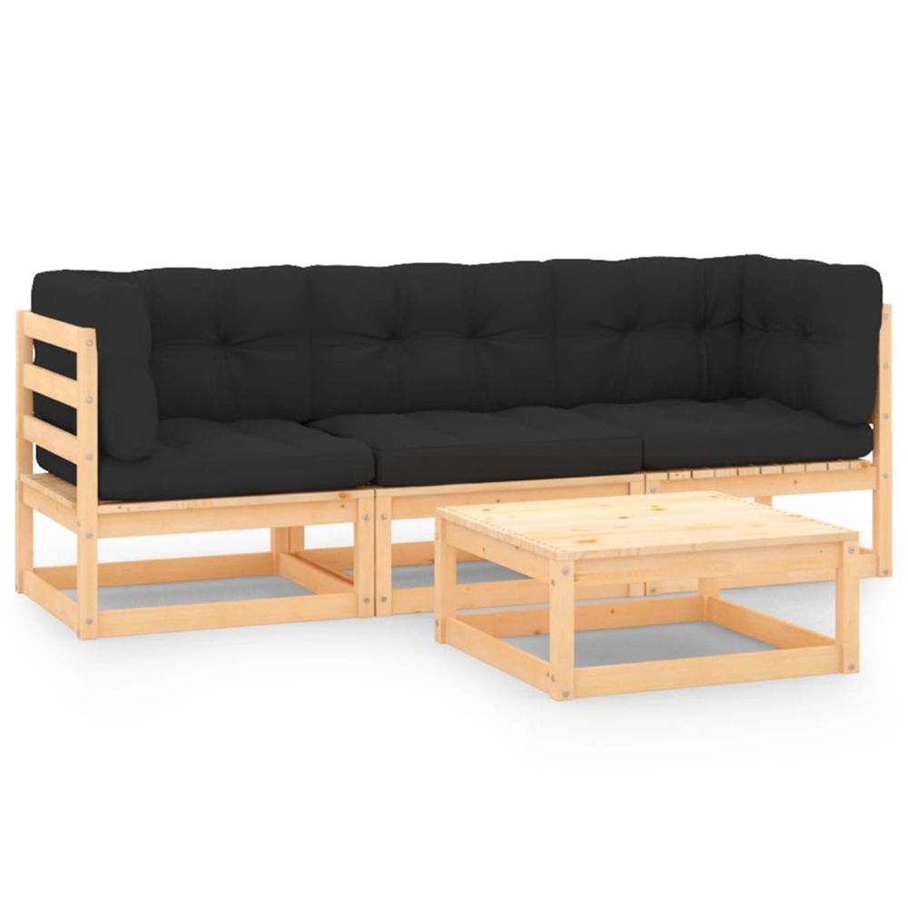 Salon de jardin 4 pcs avec coussins bois de pin massif