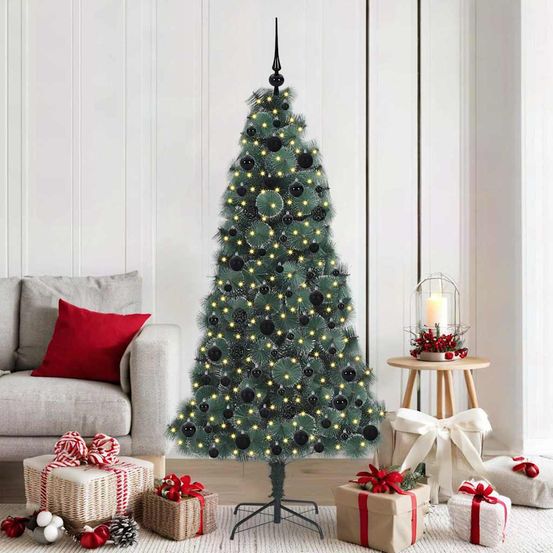 Sapin de noël vert 250 branches 180cm, pack décoré avec 300 led et 120 boules