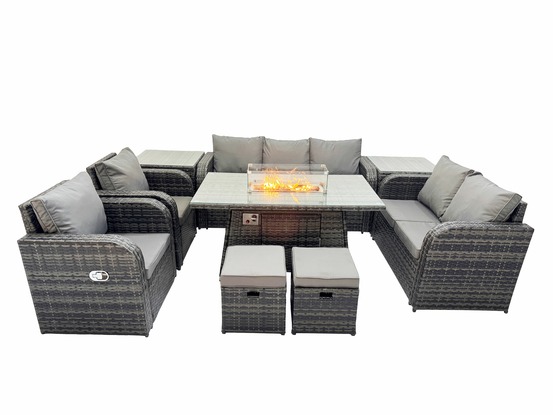 9 places salon de jardin exterieur table de foyer à gaz et canapé fauteuil avec 2 tables d'appoint 2 petits tabourets