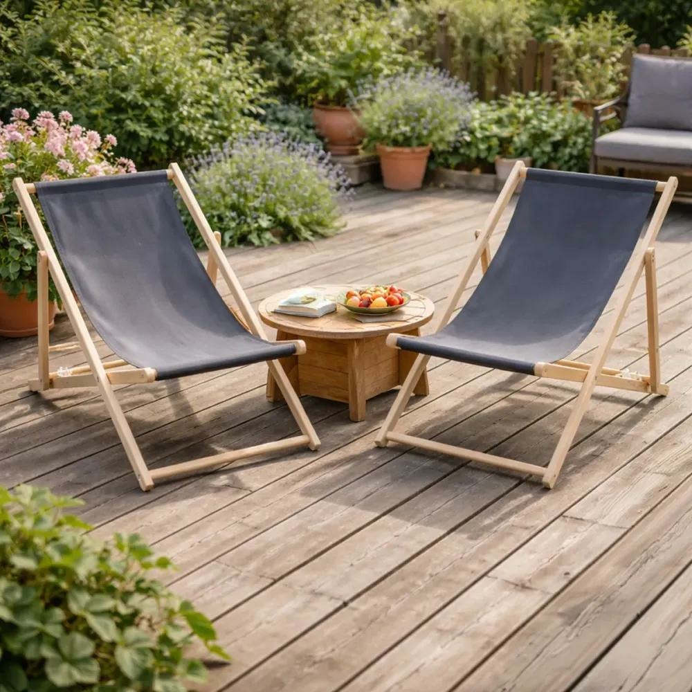 Lot de 2 chiliennes en toile de coton grise - structure bois de pin