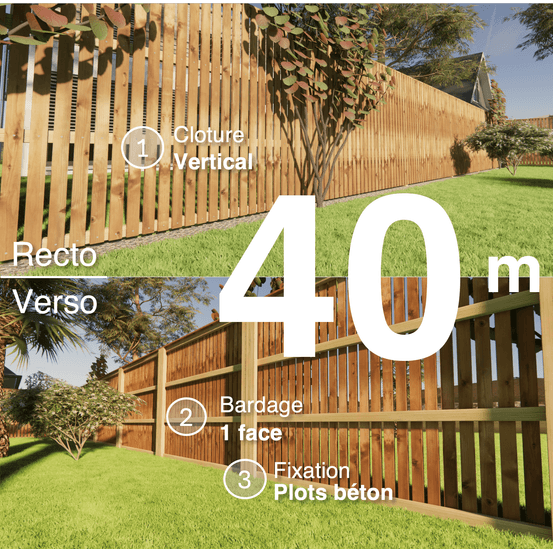 Kit clôture bois moderne 40m – h 1,9m – 20 x 70 mm autoclave marron – pose vertical – simple face – à sceller
