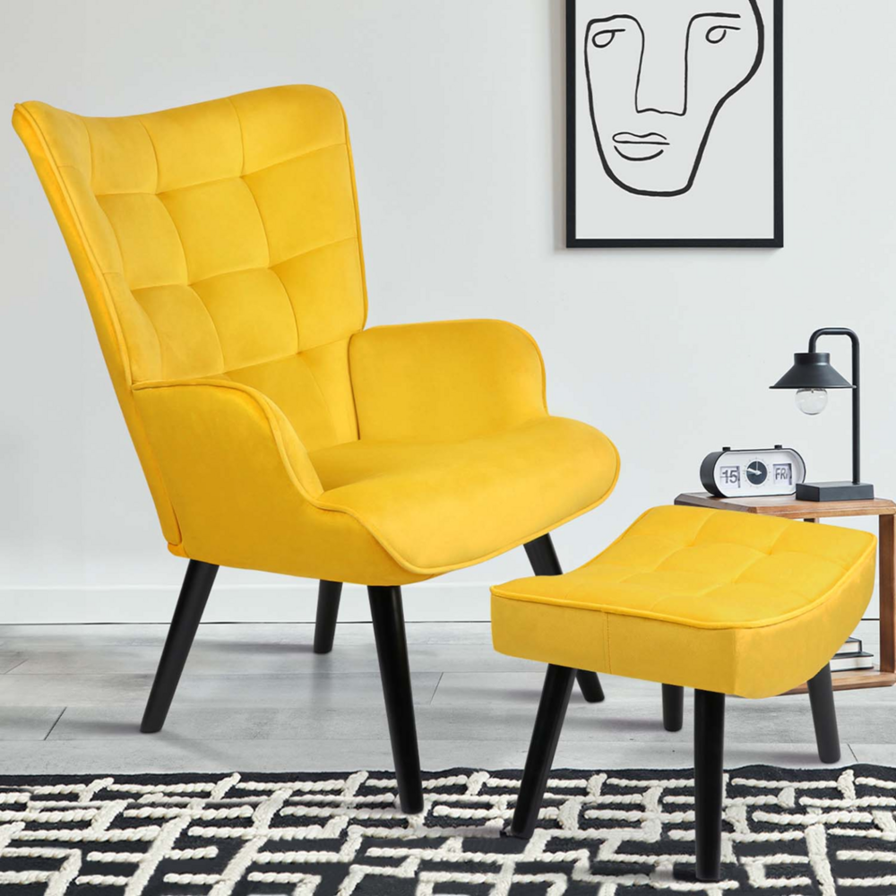 Fauteuil scandinave ania avec repose pieds velours jaune
