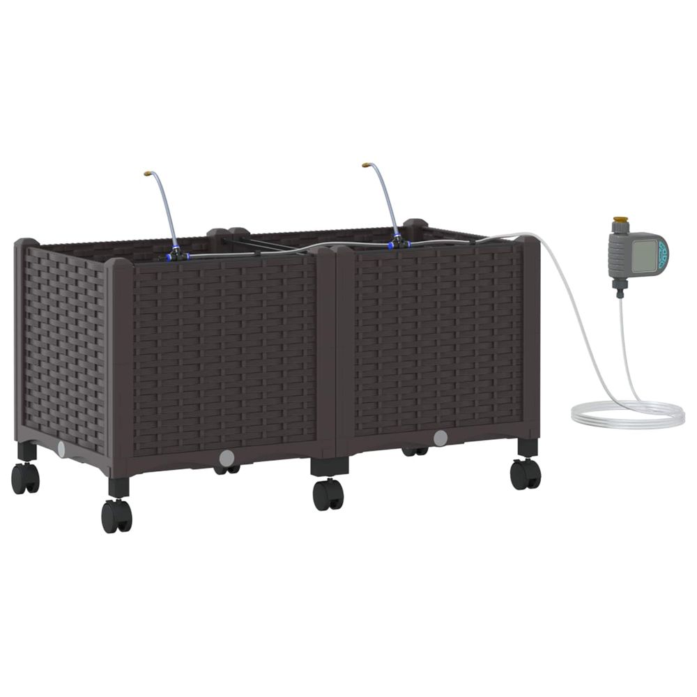 Porte-plante de jardin avec irrigation et roues 2 pc marron pp