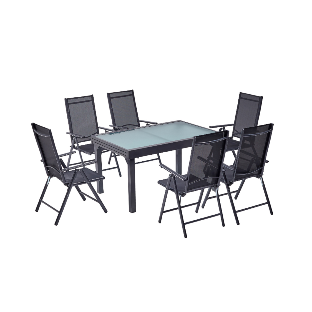 Table de jardin extensible et 6 fauteuils en alu et toile pvc brescia
