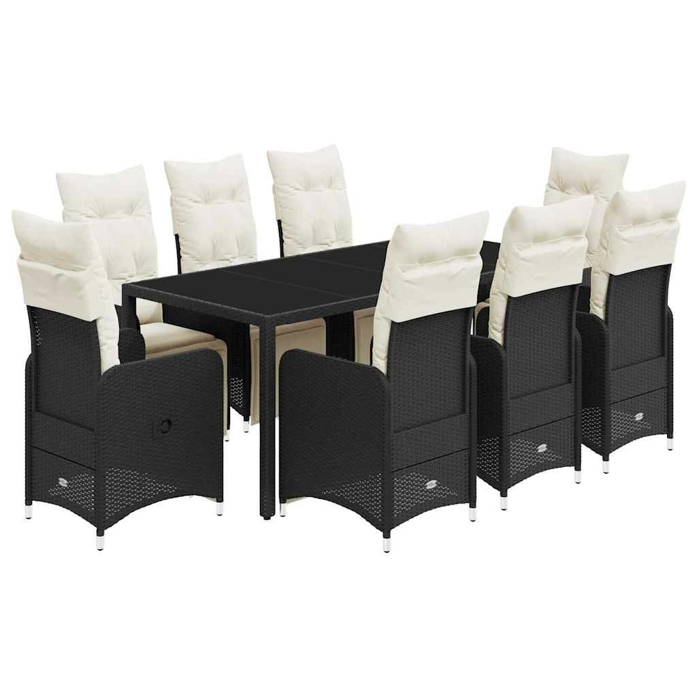 Ensemble de bistro de jardin 9 pcs coussins noir poly rotin