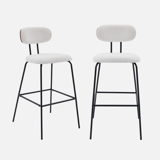 2 tabourets de bar décor bois courbé teinté noyer et tissu déperlant, pieds métal noir mat (lot de 2) - l 44 x p 51 x h 103cm - erin