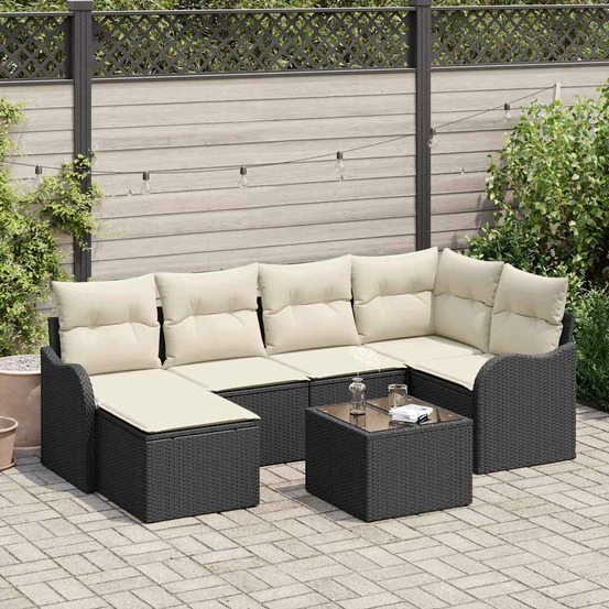 Ensemble de canapé de jardin avec coussin 7 pcs noir poly rotin