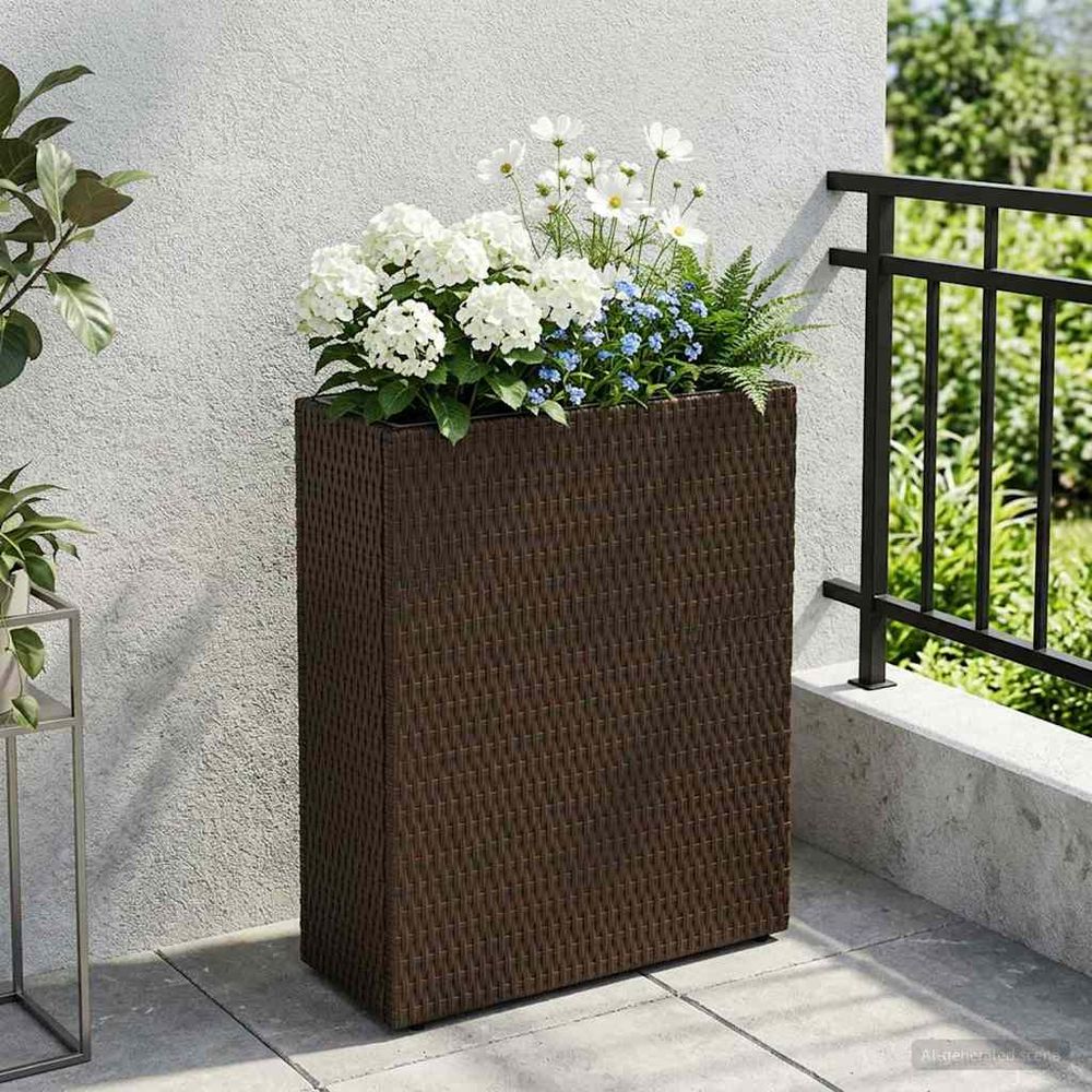 Grand cache-pot rectangulaire résine tressée extérieur mise valeur plantes 55x22x70cm marron