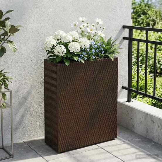 Grand cache-pot rectangulaire résine tressée extérieur mise valeur plantes 55x22x70cm marron