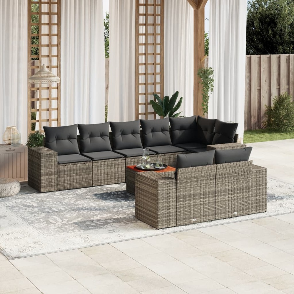 Salon de jardin 9 pcs avec coussins gris résine tressée