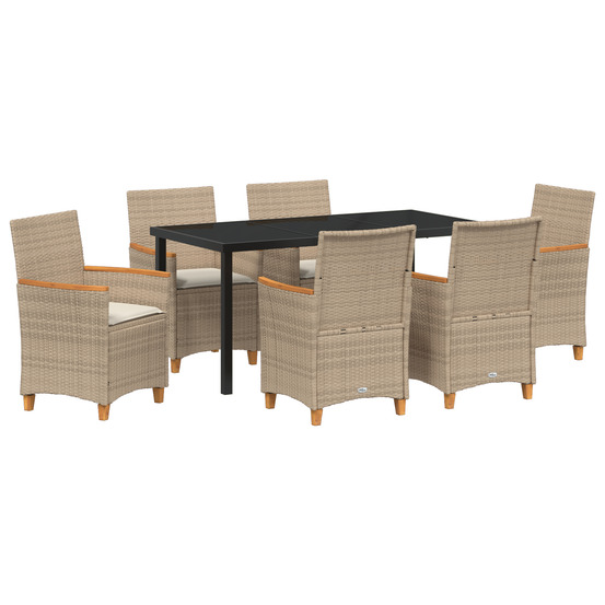 Ensemble de salle à manger de jardin de 7 pièces avec coussins beige en poly rattan