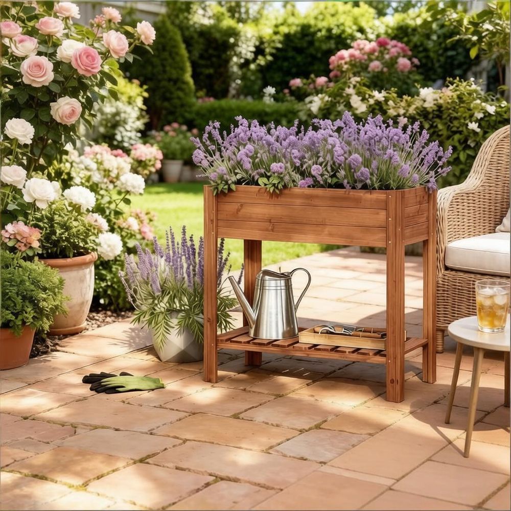 Carré potager sur pied en bois de sapin balcon jardin avec étagère 80x40x75cm marron
