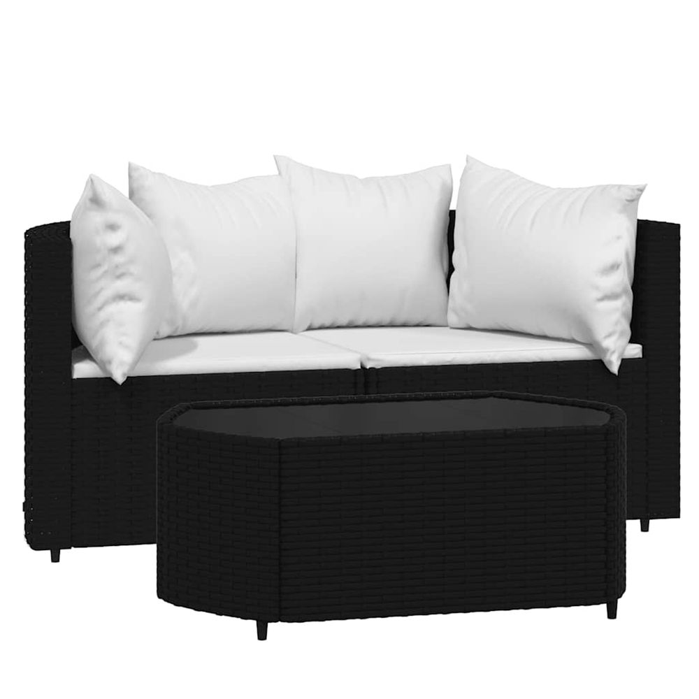 Salon de jardin 3 pcs avec coussins noir résine tressée
