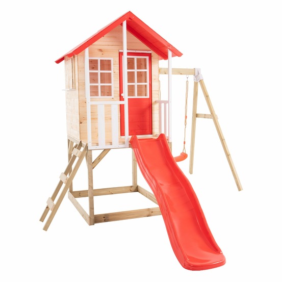 Maisonnette modulable sur pilotis avec balcon, glissière et une balançoire COQUELICOT en bois FSC®