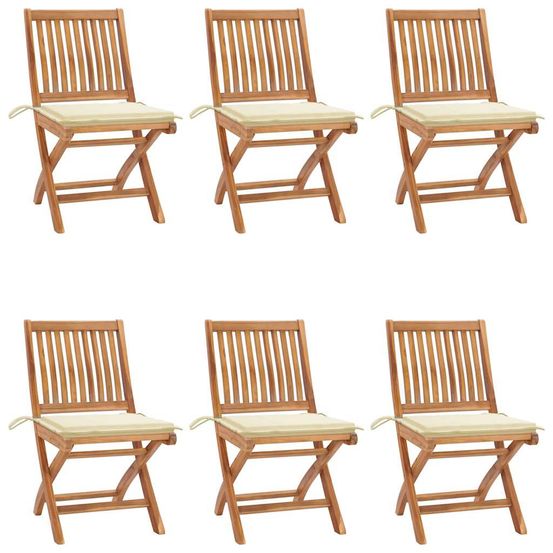 Chaises pliantes avec coussins, 6 pièces, en teck massif