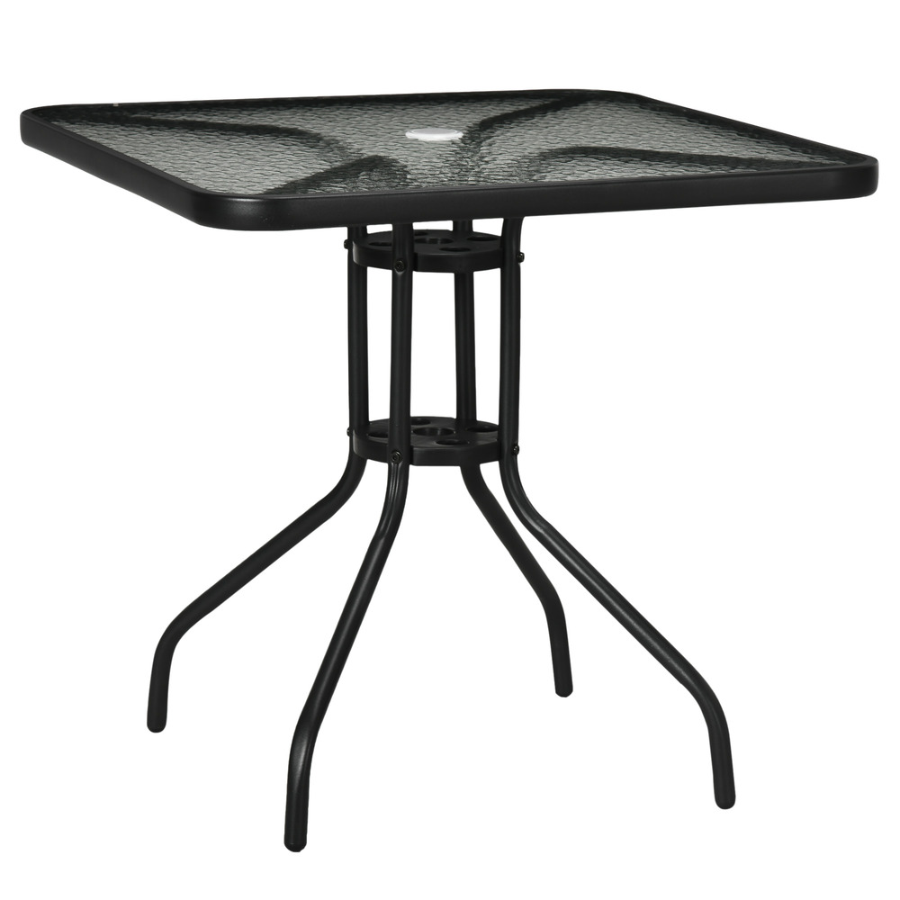 Table de jardin démontable en métal, 76 x 76 cm, résistante aux intempéries, avec trou pour parasol, antidérapante, noire.