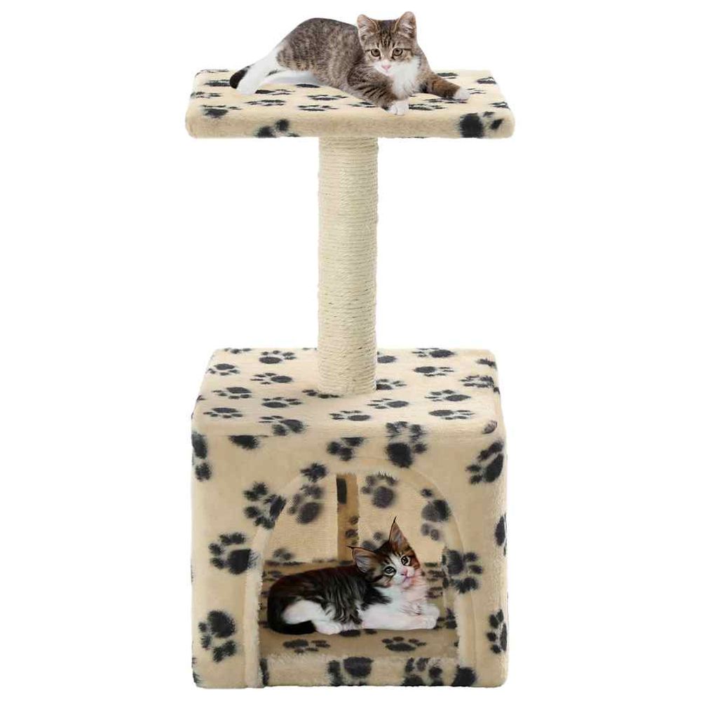 Petit arbre à chat 55 cm sisal avec niche pour chaton beige motif pattes