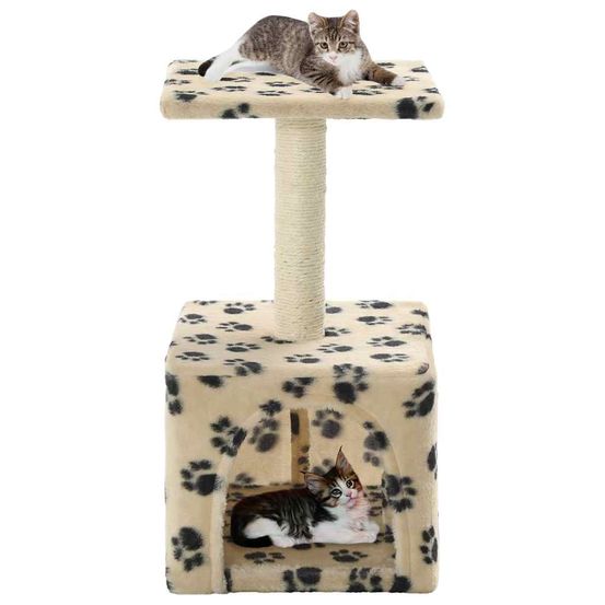 Petit arbre à chat 55 cm sisal avec niche pour chaton beige motif pattes