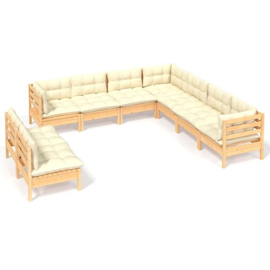 Salon de jardin 9 pcs avec coussins crème bois de pin massif