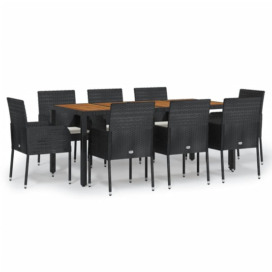 Ensemble à manger jardin 9pcs et coussins noir résine tressée