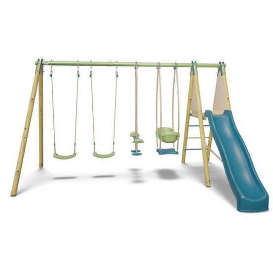 Portique bois / métal - 6 agres avec toboggan - kahuna 2 -