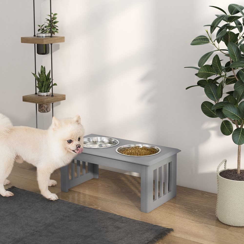 Station repas surélevée chien mdf acier inoxydable gris 58,4 x 30,5 x 25,4 cm double gamelle hygiénique