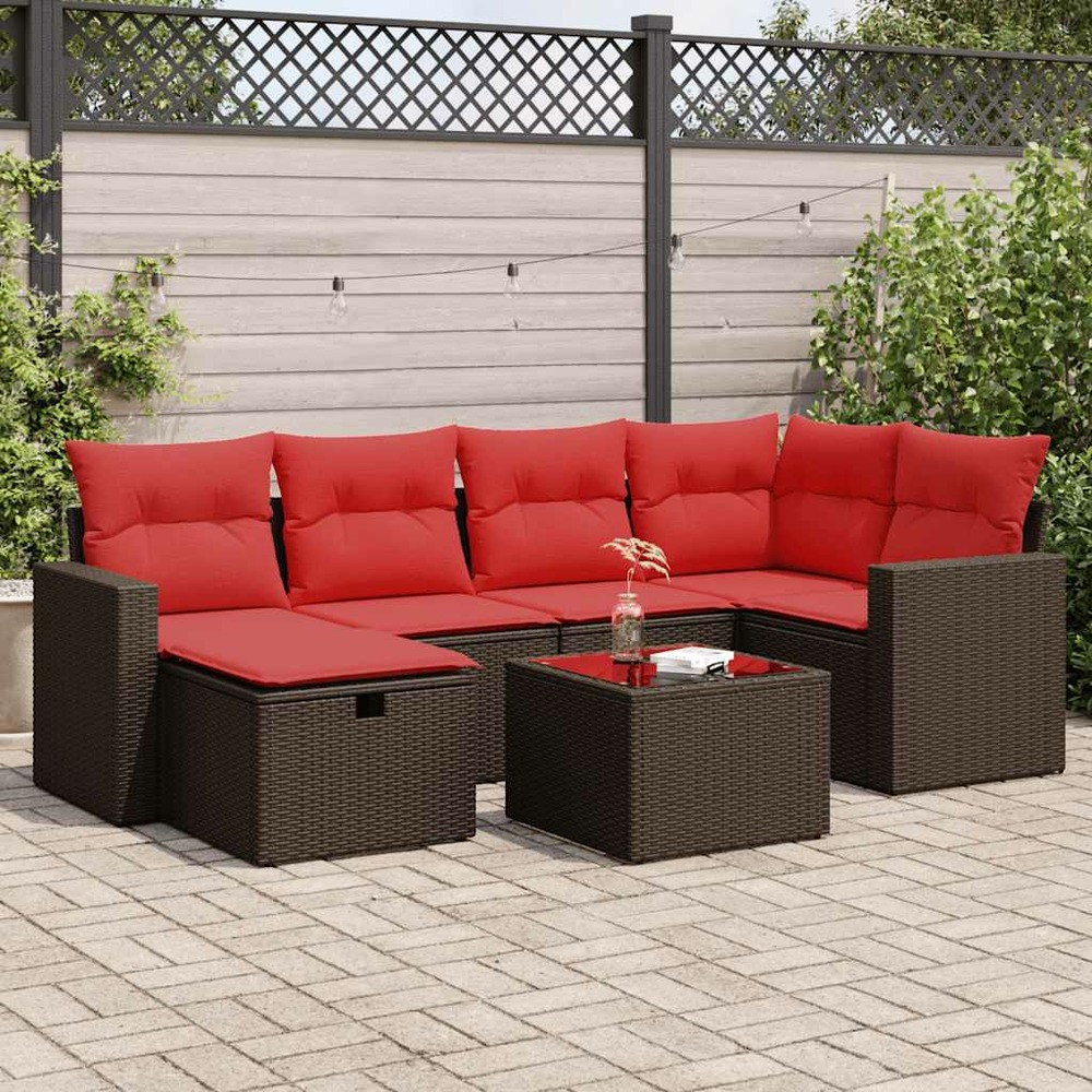 Salon de jardin avec coussins 7 pcs marron résine tressée