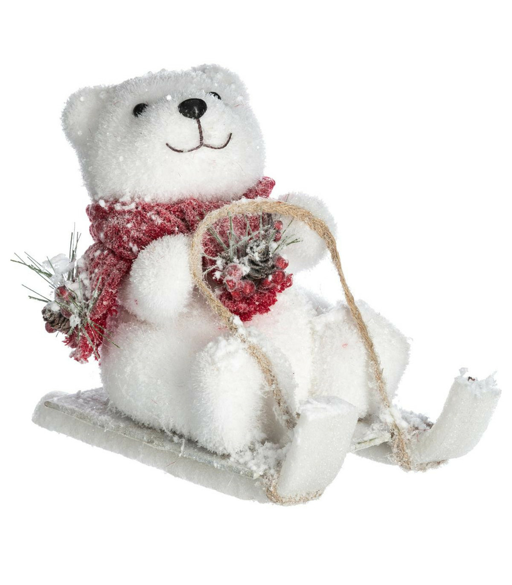 Déco de noël ours blanc à luge h 18 cm