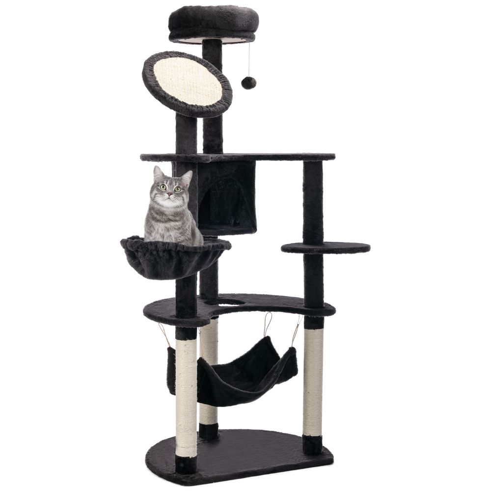 Grand arbre à chat multi-équipé pour grands chats avec hamac panier et niche 153 cm gris foncé