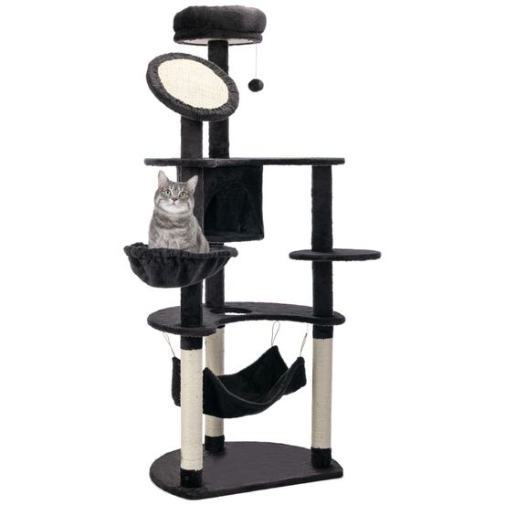 Grand arbre à chat multi-équipé pour grands chats avec hamac panier et niche 153 cm gris foncé