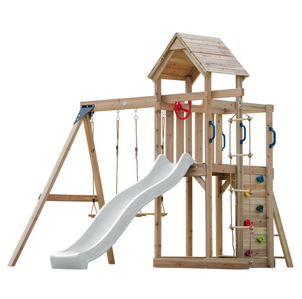 Portique moos 2 balançoires + échelle toboggan blanc