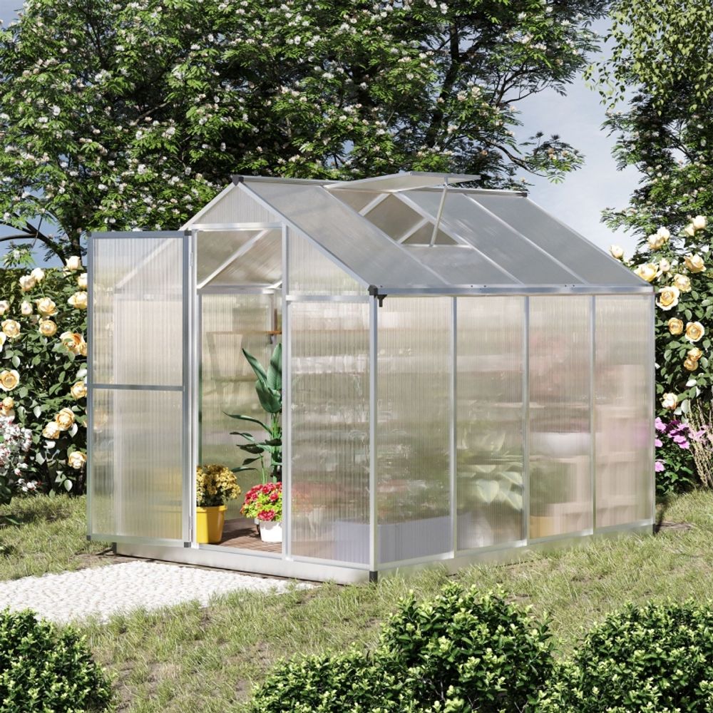 Serre de jardin polycarbonate 4 mm aluminium 242 x 190 x 195 cm avec gouttières et lucarne - comfortxl outdoor living