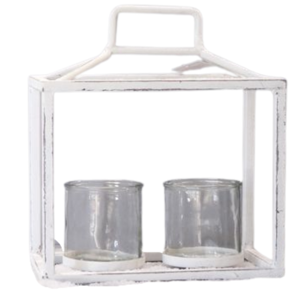 Lanterne jardin extérieur à poser bougie ancienne métal blanc 27 cm