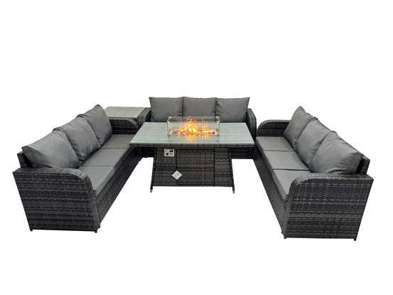 Salon de jardin en résine ensemble repas de jardin exterieur table de foyer à gaz avec table d'appoint canapé 3 places